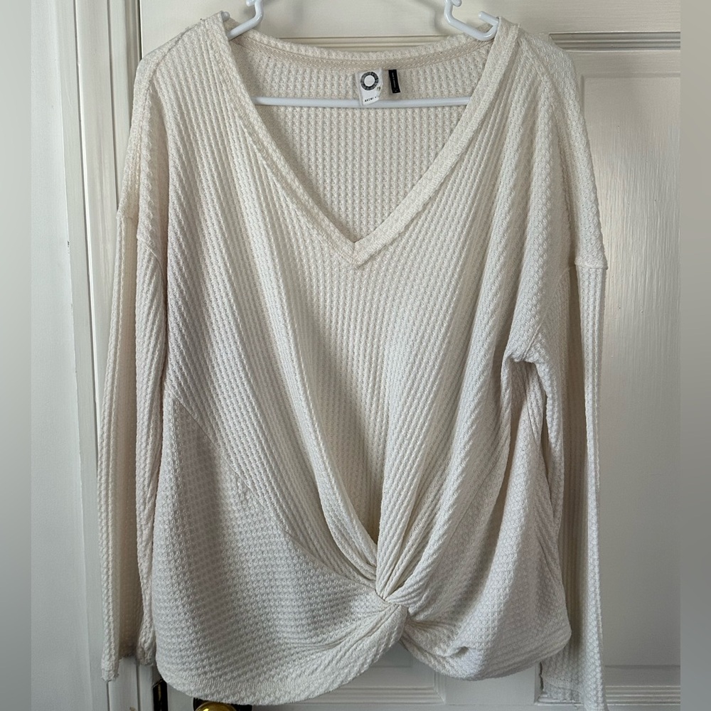 Anthropologie Akemi + Kin Cozy Cream Waffle Twist Front Knit V-Neck Sweater